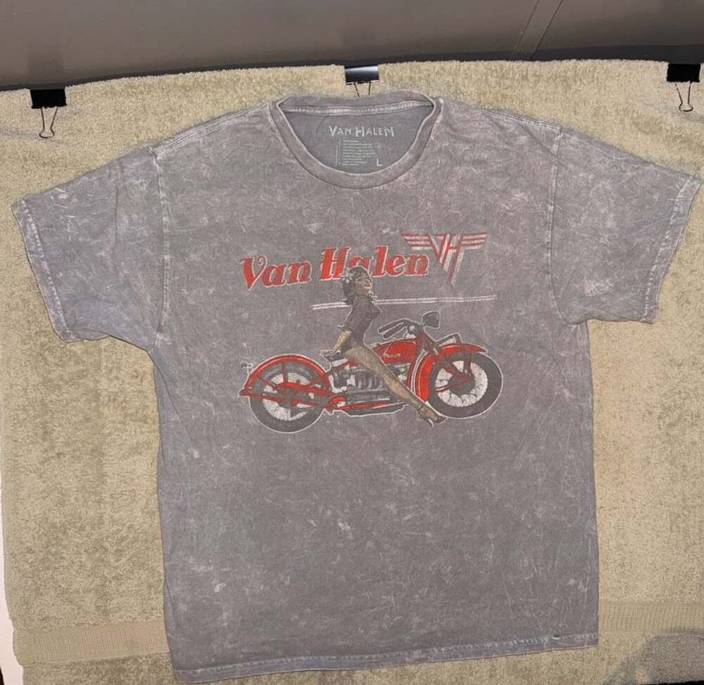 Van Halen Motorcycle Pin-Up Graphic Acid Wash Gray T-Shirt Size Large